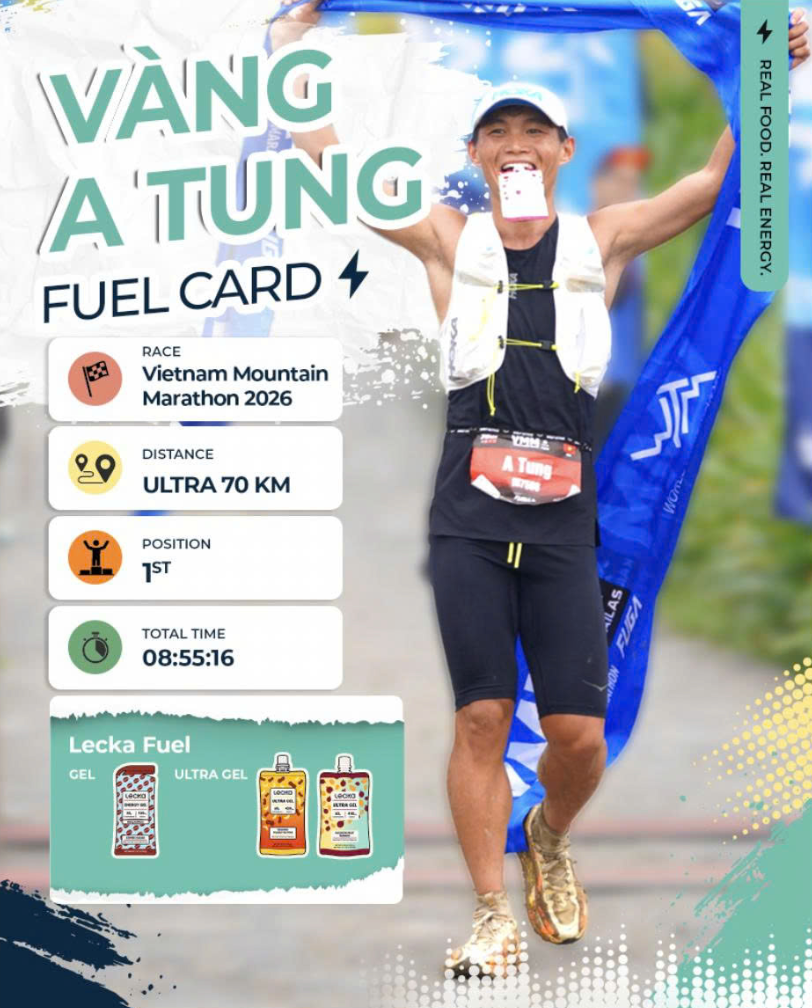 How did Vàng A Tung, the 2026 Vietnam Mountain Marathon 70km champion, use Lecka gels?