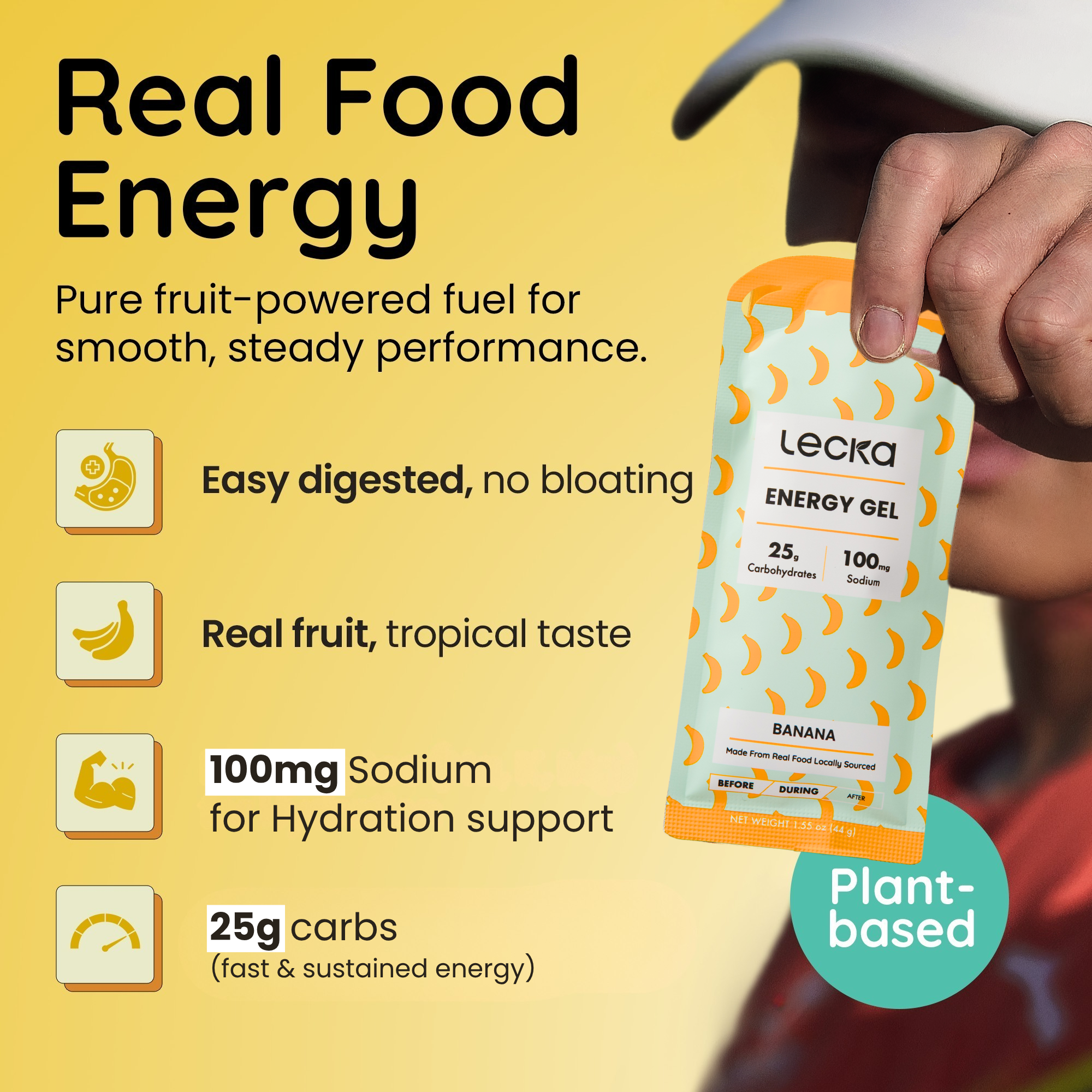 Lecka Energy Gel packaging with text highlighting benefits on a yellow background, 100mg sodium, 25g carbs, real fruit