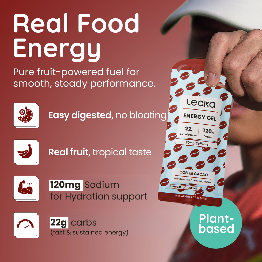 Lecka energy gel packaging with text highlighting benefits on a red background, 120mg sodium, 22g carbs
