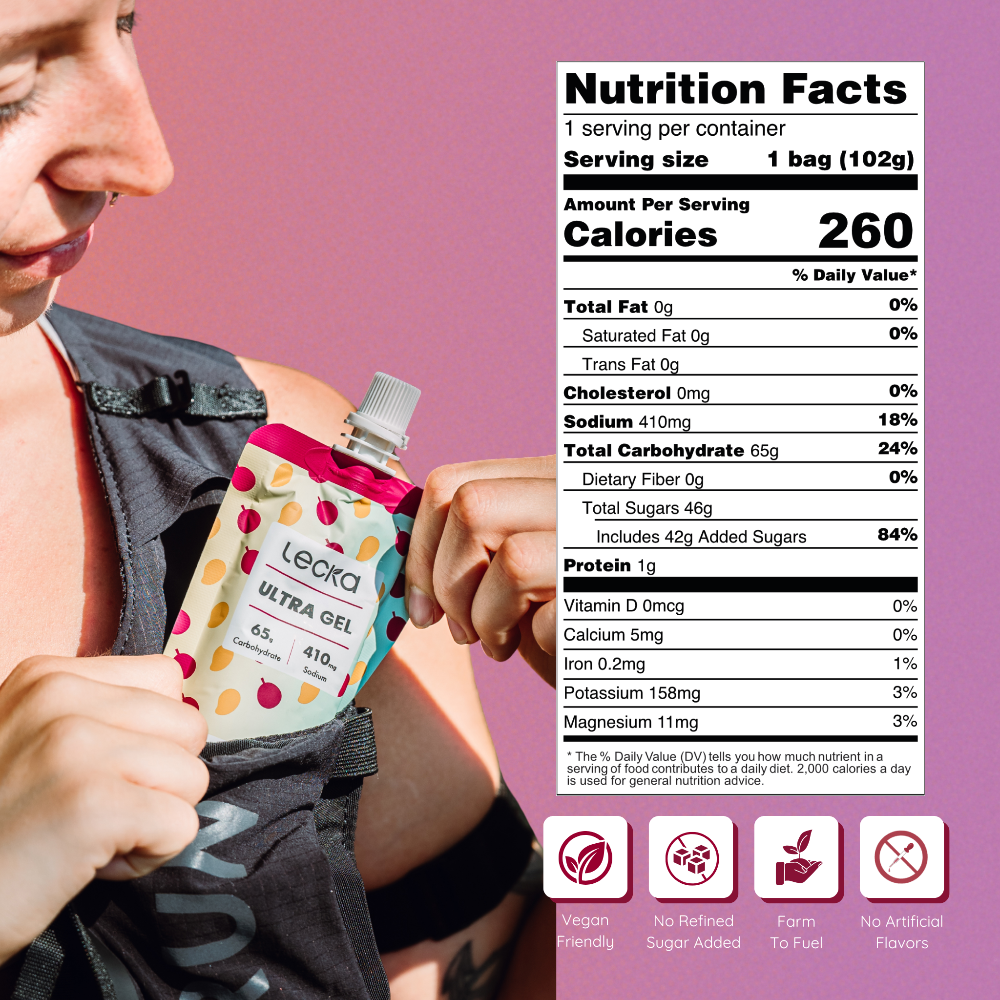 Person holding a Lecka Ultra Gel pouch with a nutrition facts label overlay on a pink background