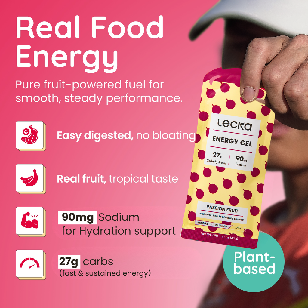 Lecka Energy Gel packaging with product details on a pink background, 90mg sodium, 27g carbs