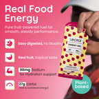 Lecka Energy Gel packaging with product details on a pink background, 90mg sodium, 27g carbs