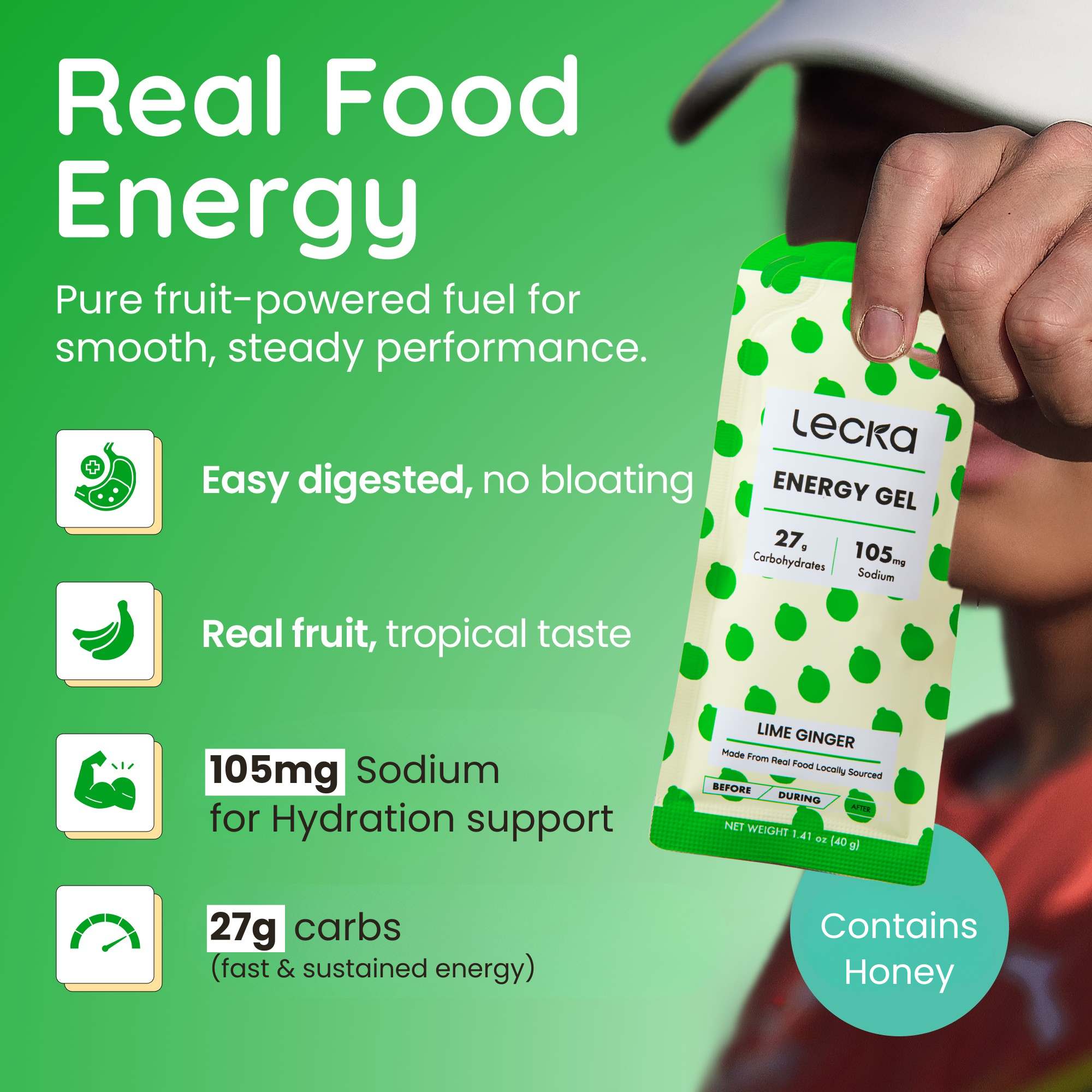 LECKA energy gel packaging with text highlighting benefits on a green background, 105mg sodium, 27g carbs, real fruit, easy digested