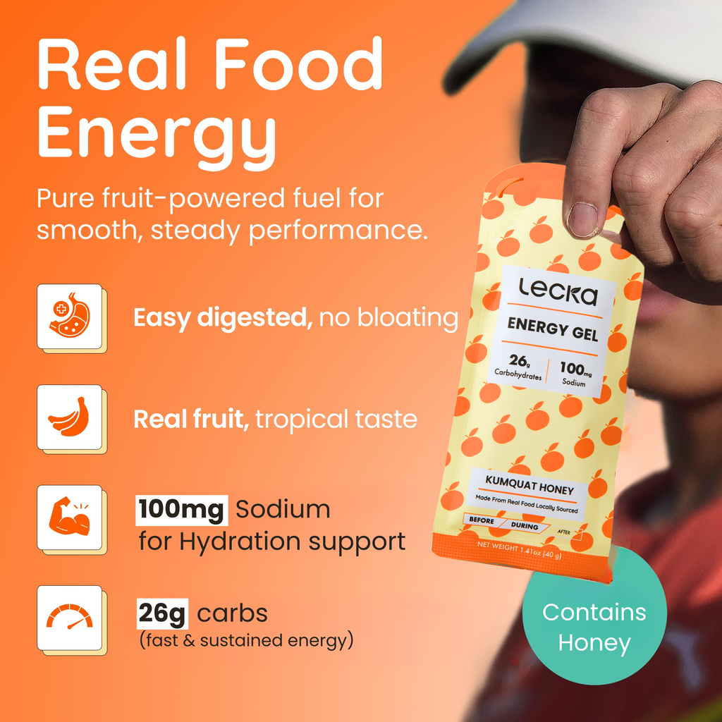 Lecka energy gel packaging with text highlighting benefits on an orange background, 100mg sodium, 26g carbs