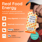 Lecka energy gel packaging with text highlighting benefits on an orange background, 100mg sodium, 26g carbs