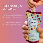 Lecka Ultra Gel packaging held by a hand with promotional text on a pink background. gut friendly, mess free