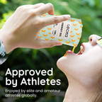 Person taking a Leckta energy gel with text 'Approved by Athletes' and 'Enjoyed by elite and amateur athletes globally.'