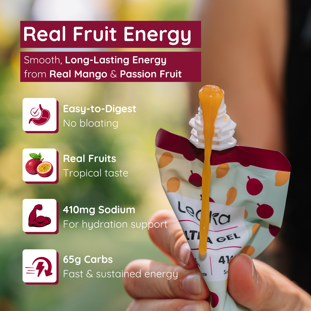 ultra gel package with text highlighting real fruit energy, smooth long-lasting energy from real mango & passion fruit.