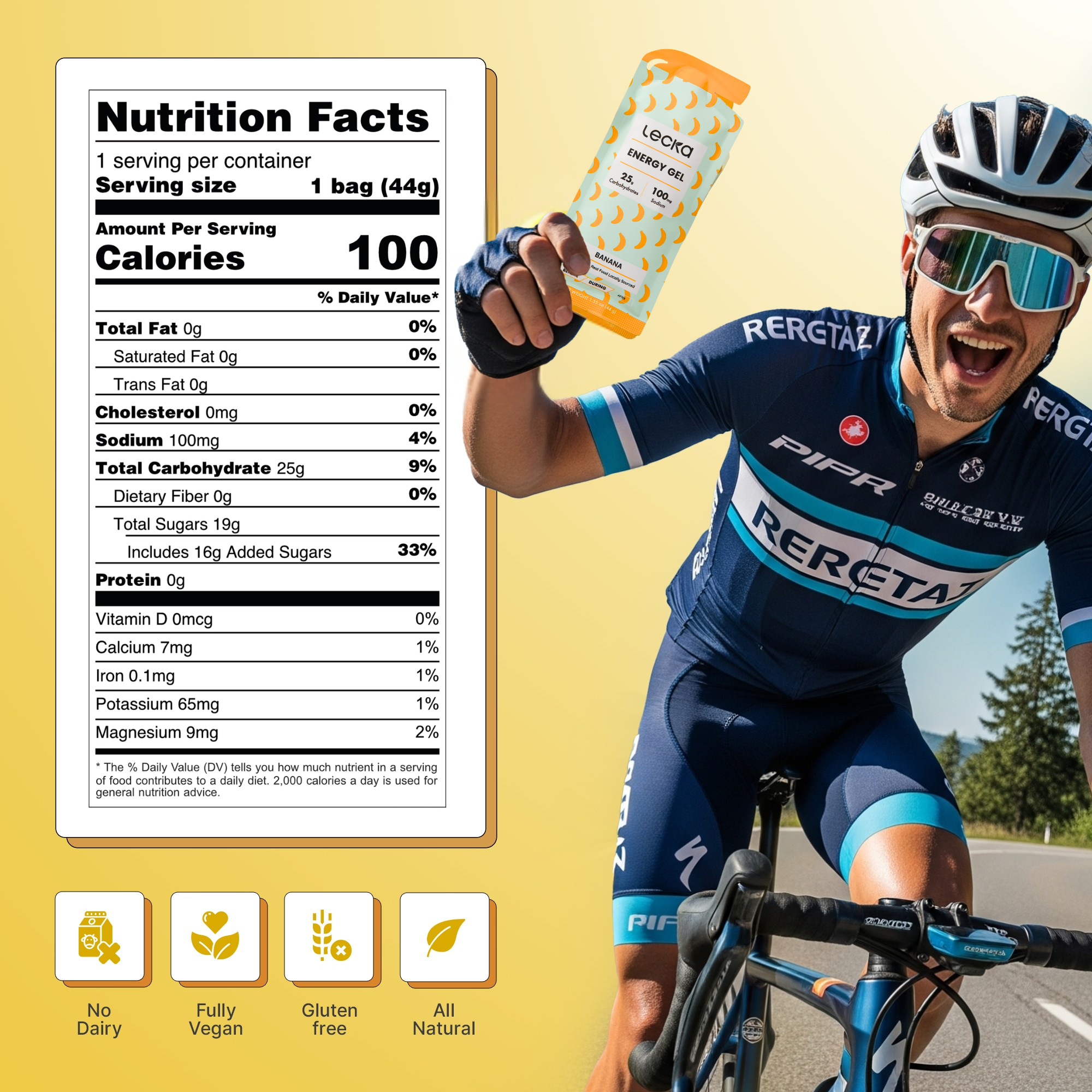 Cyclist holding a supplement bottle with nutrition facts label on a yellow background, vegan, no dairy, gluten free
