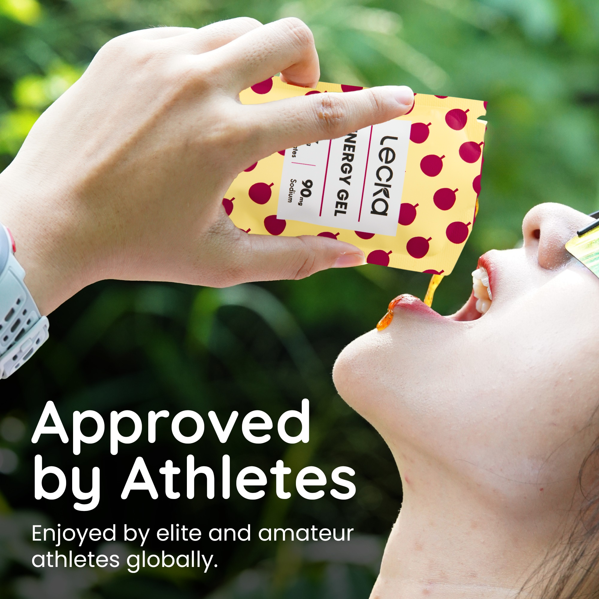 Person taking a Lecka energy gel with text 'Approved by Athletes' and 'Enjoyed by elite and amateur athletes globally.'