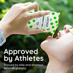 Person taking a Leoka energy gel with text 'Approved by Athletes' and 'Enjoyed by elite and amateur athletes globally.'