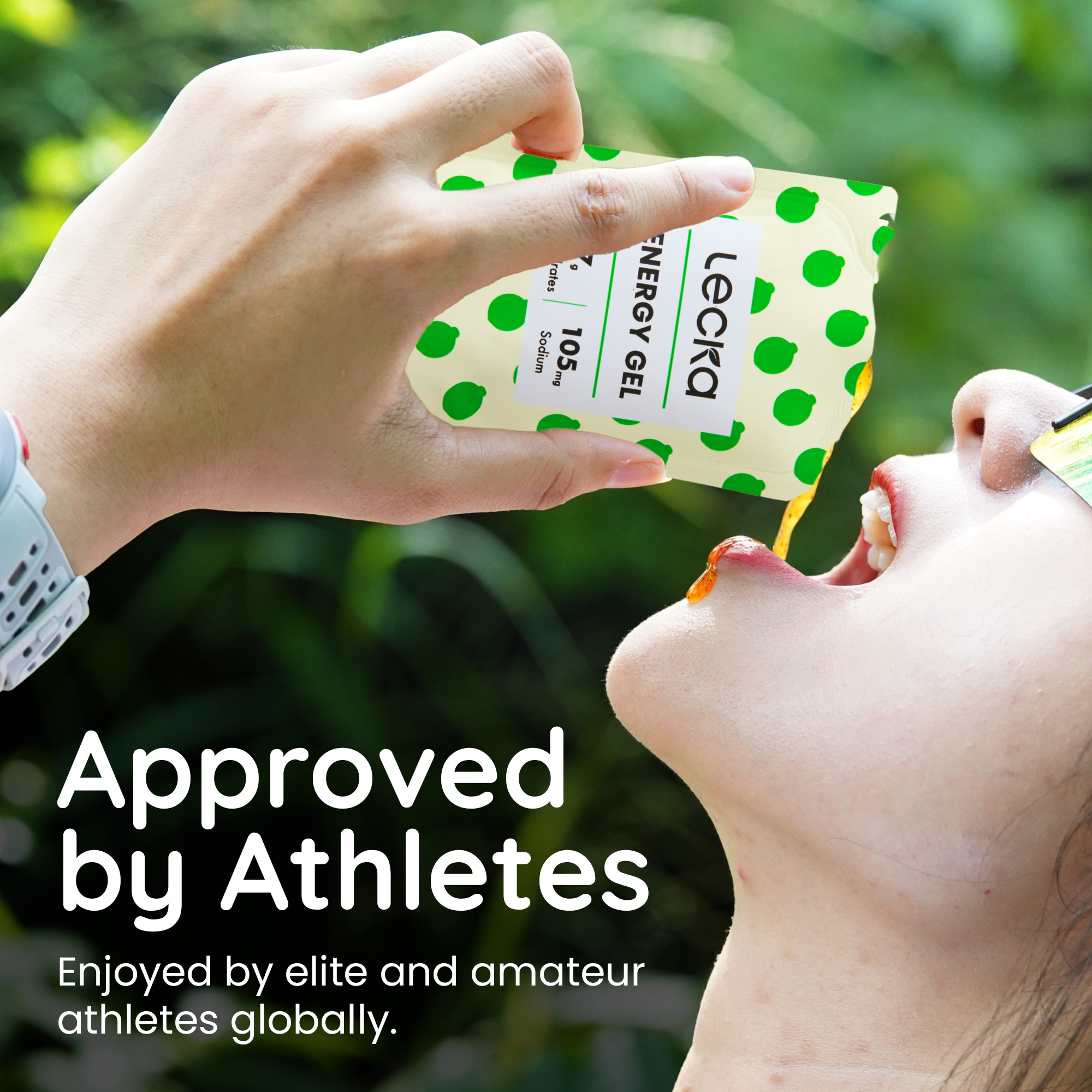 Person taking a Leoka energy gel with text 'Approved by Athletes' and 'Enjoyed by elite and amateur athletes globally.'