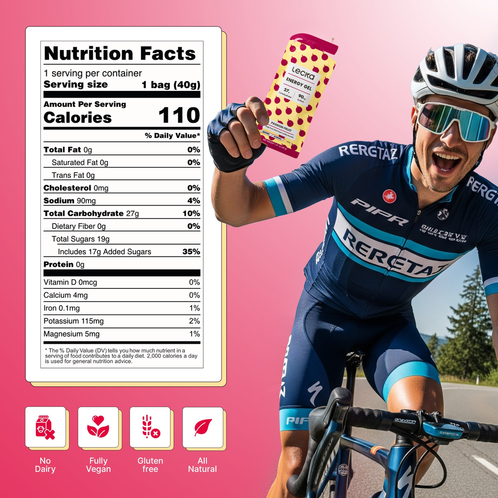Cyclist in blue and black racing suit holding a product with nutrition facts label on pink background, vegan, natural
