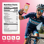 Cyclist in blue and black racing suit holding a product with nutrition facts label on pink background, vegan, natural
