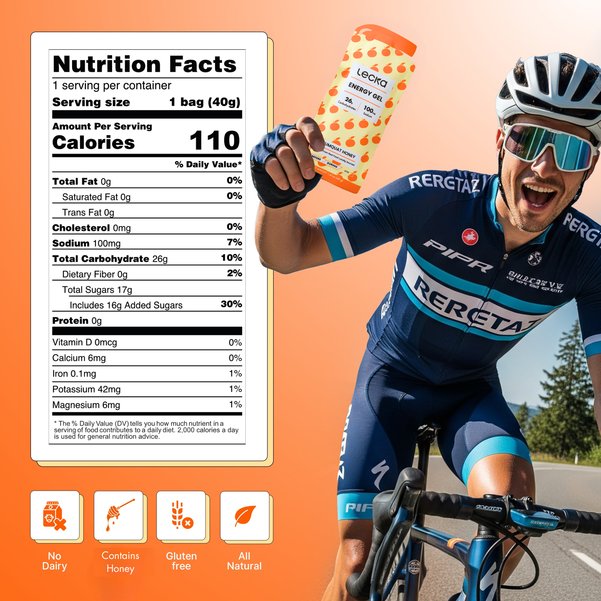 Cyclist holding a supplement package with nutrition facts displayed on an orange background, contains honey, gluten free, all natural
