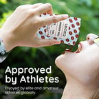 Person taking a Lecitho energy gel with text 'Approved by Athletes' on a blurred green background