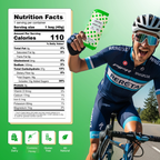 Cyclist in blue racing suit holding a green container with nutrition label on a green background, 110 calories, no dairy, contais honey, gluten free, all natural
