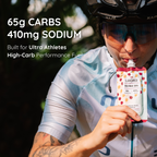 Person in cycling gear holding a Lecka Ultra Gel with nutritional information displayed. 65g carbs, 410mg sodium
