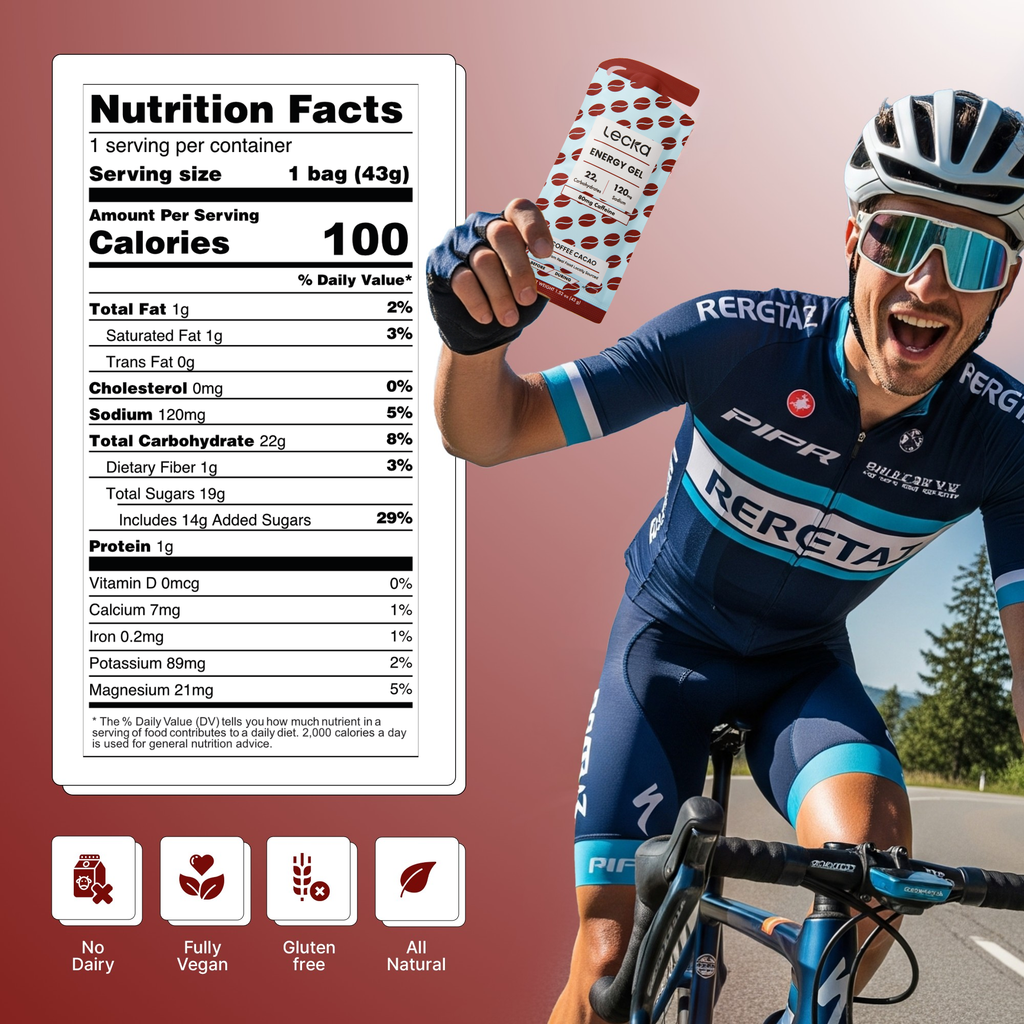 Cyclist in Rereta cycling gear holding a protein shake with nutrition facts label on a pink background, 100 calories, 80mg caffeine, fully vegan, no dairy, gluten free