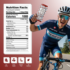 Cyclist in Rereta cycling gear holding a protein shake with nutrition facts label on a pink background, 100 calories, 80mg caffeine, fully vegan, no dairy, gluten free