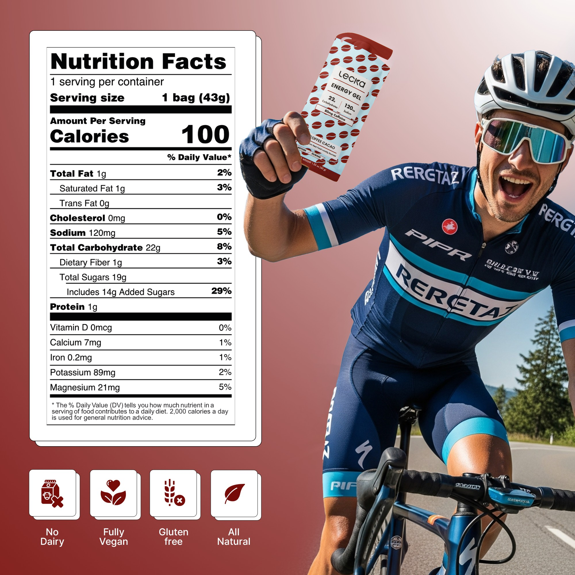 Cyclist in Rereta cycling gear holding a protein shake with nutrition facts label on a pink background, 100 calories, 80mg caffeine, fully vegan, no dairy, gluten free
