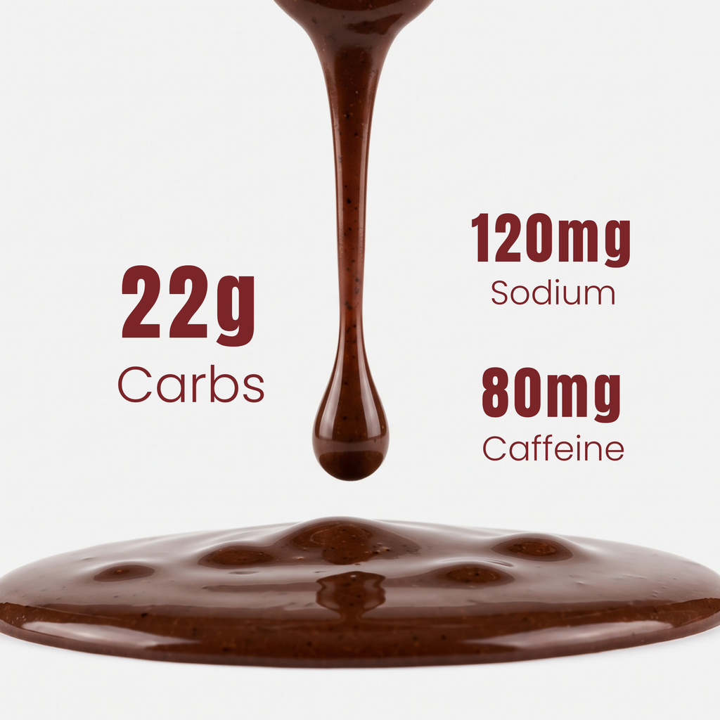 Chocolate being poured with nutritional information displayed on a white background