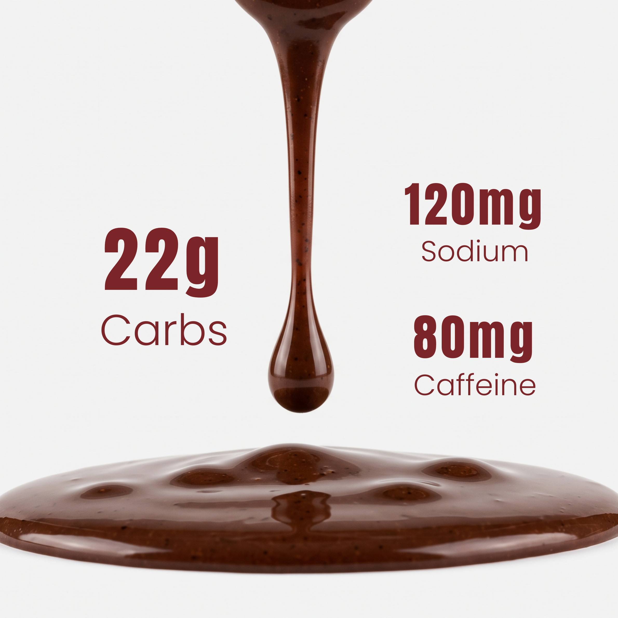 Chocolate being poured with nutritional information displayed on a white background
