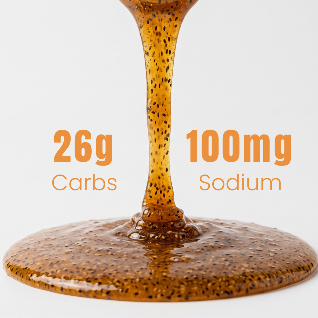 Brown syrup being poured with nutritional information text on a white background