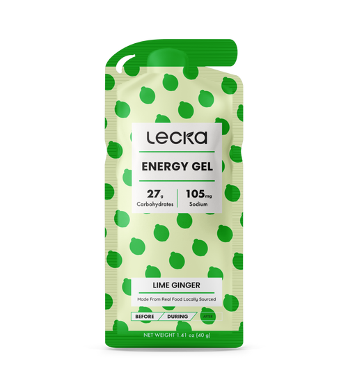 LECKA energy gel package with green and white design on a black background