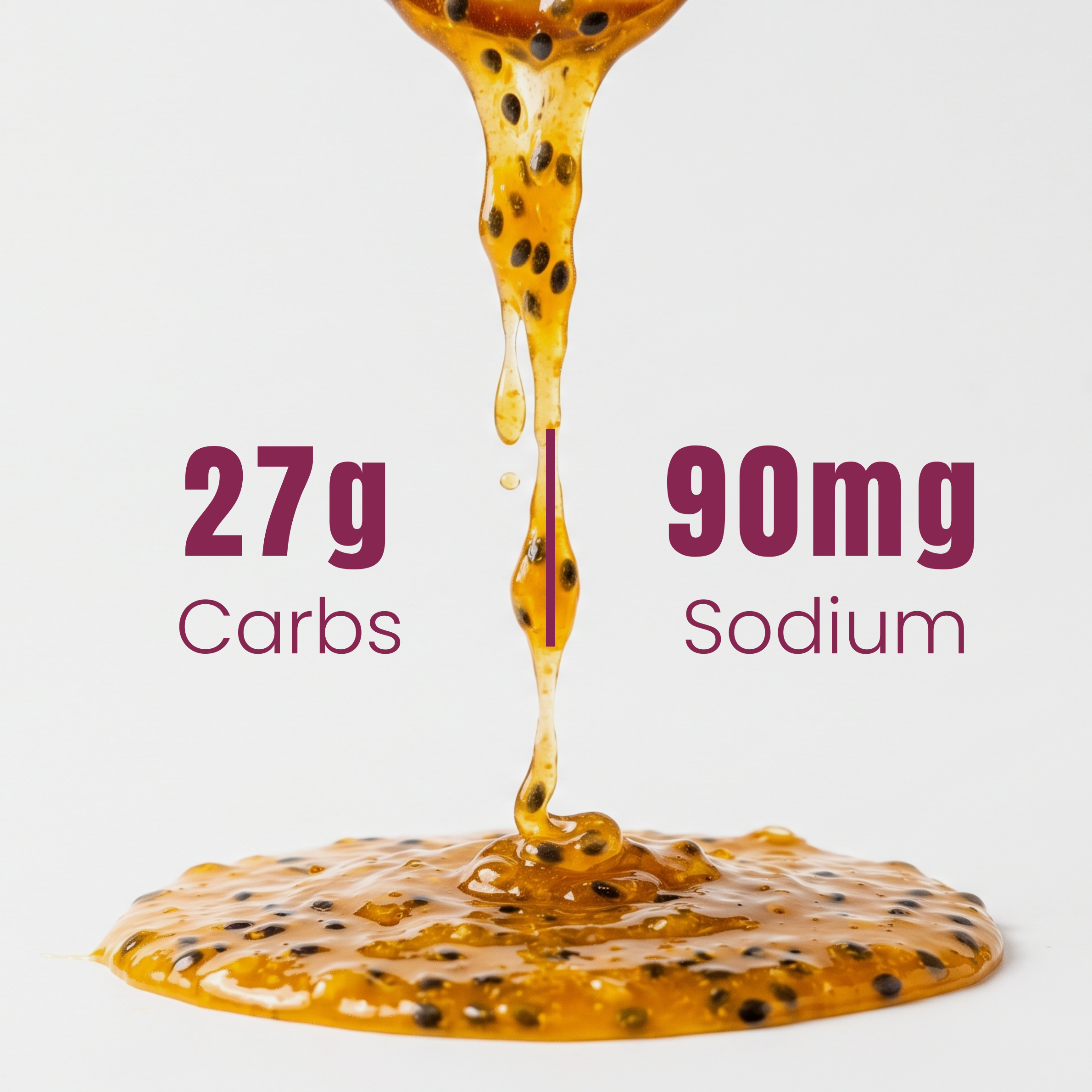 Passion fruit syrup being poured with nutritional information on a light gray background