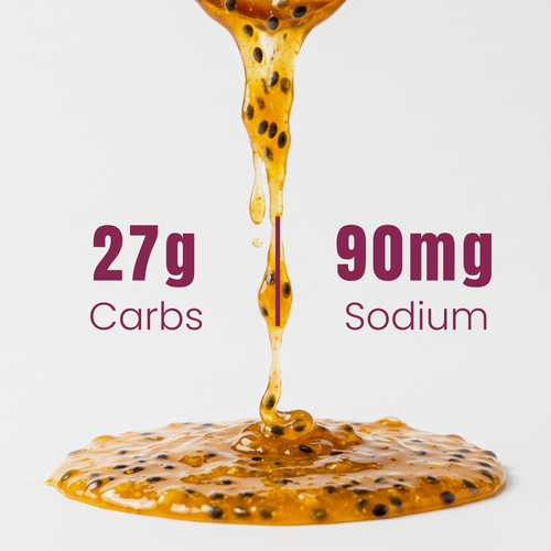 Passion fruit syrup being poured with nutritional information on a light gray background