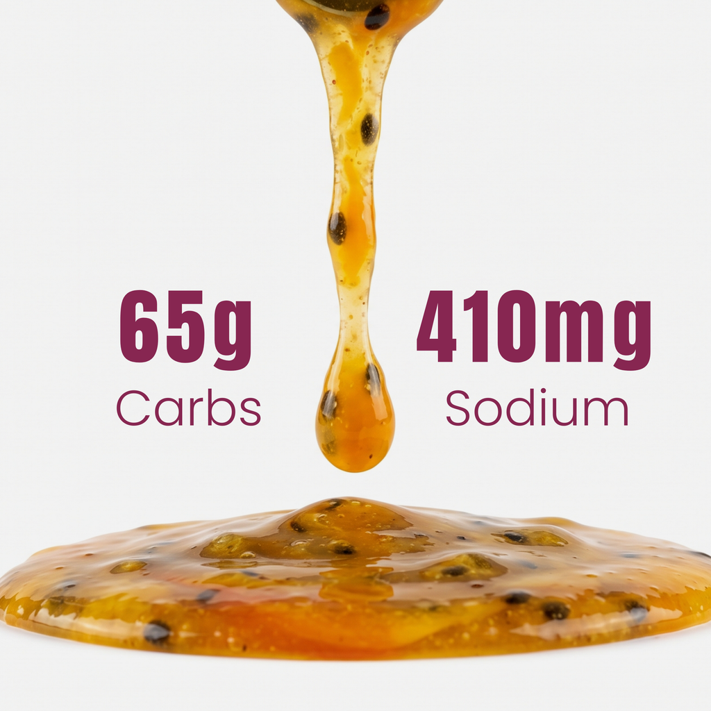 Passion fruit syrup being poured with nutritional information displayed.