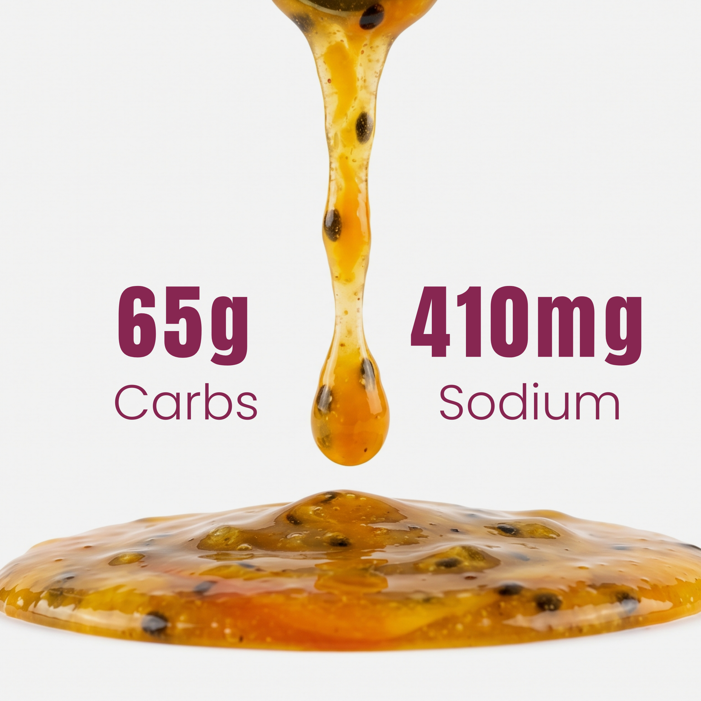 Passion fruit syrup being poured with nutritional information displayed.