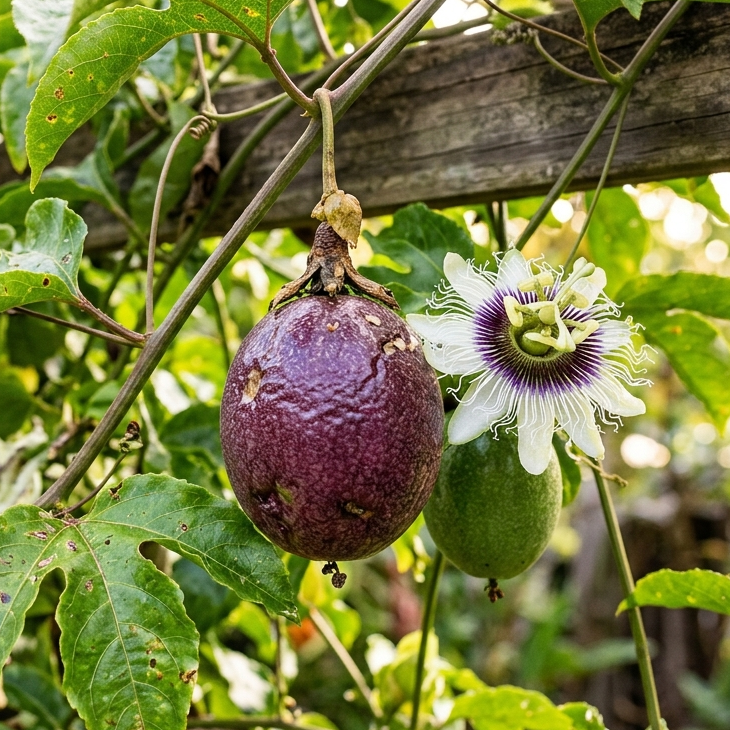 Passion fruit and flower on a vine with green leaves